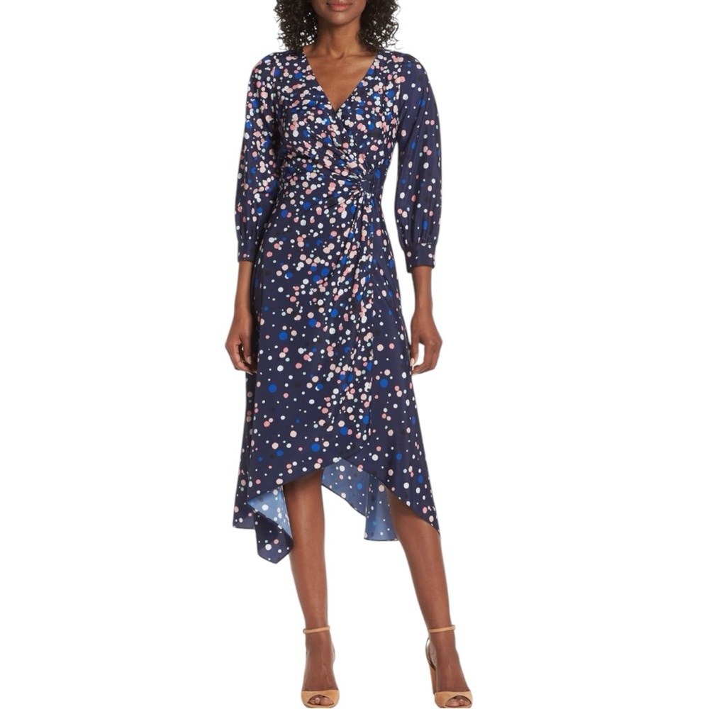 Eliza J Multicolor Polka Dot Faux Wrap Dress Asymmetrical Uneven Hem Midi 14